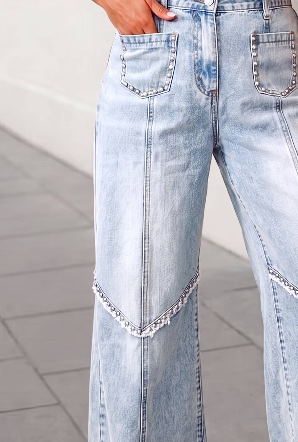 Frayed Stud Detail Wide Leg Jeans