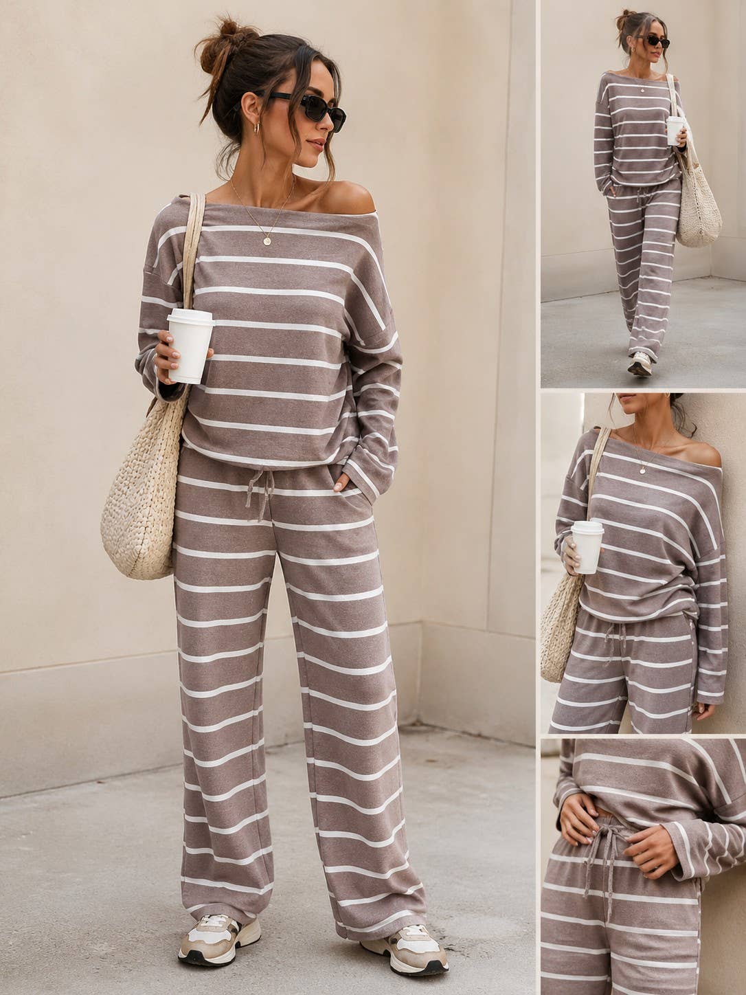 A woman modeling a matching two-piece lounge set with a brown and white horizontal stripe pattern. The set includes an off-the-shoulder long-sleeve top and wide-leg pants.