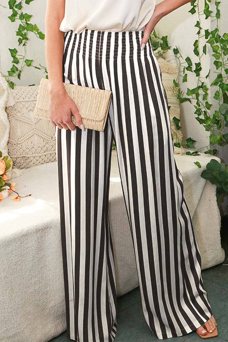 Striped Smocked Band Wide Leg Pants