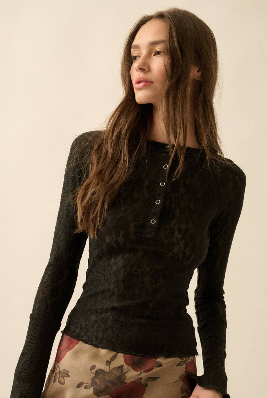 Floral Lace Raglan-Sleeve Henley Top