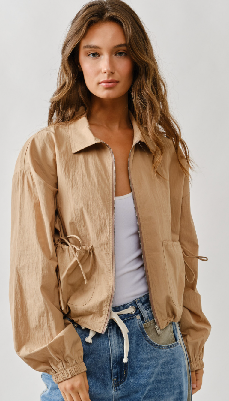 Windbreaker Shirring Ribbon Detail Bomber Jacket