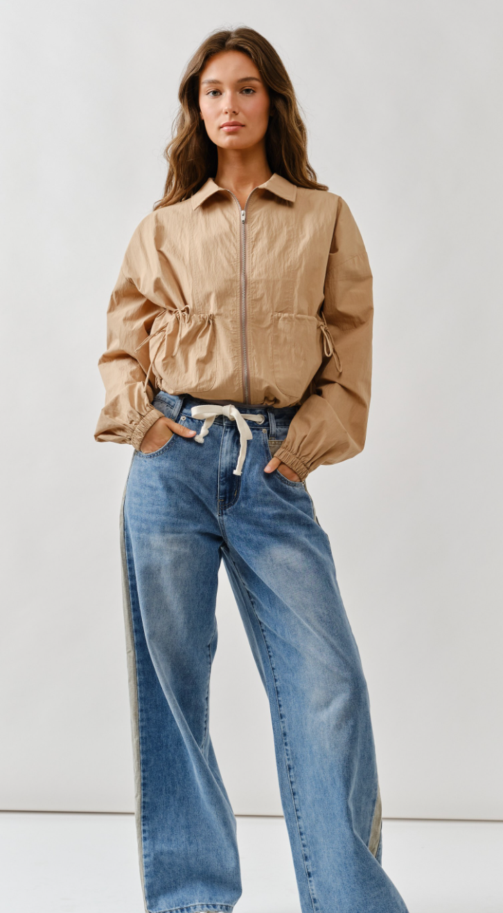 Windbreaker Shirring Ribbon Detail Bomber Jacket