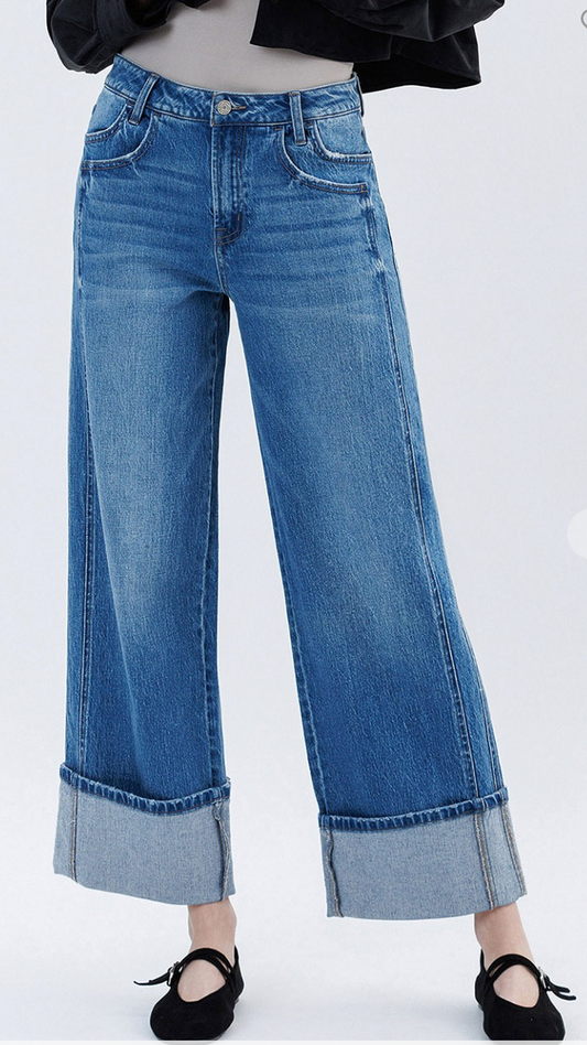 High Rise Cuffed Baggy Wide Jeans