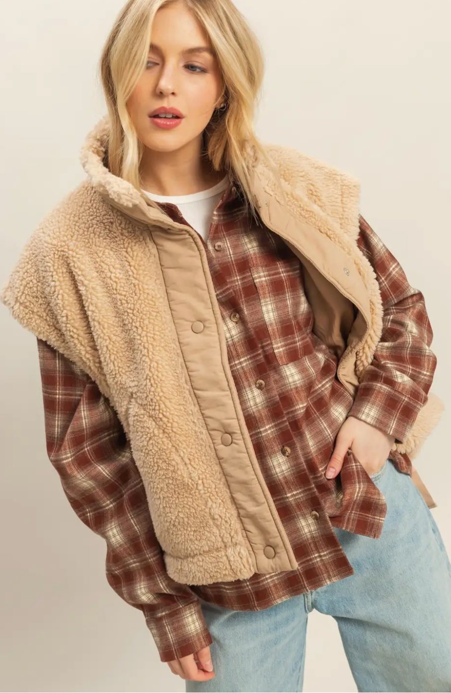 Cozy Sherpa Vest Jacket With Tie-up Side Details