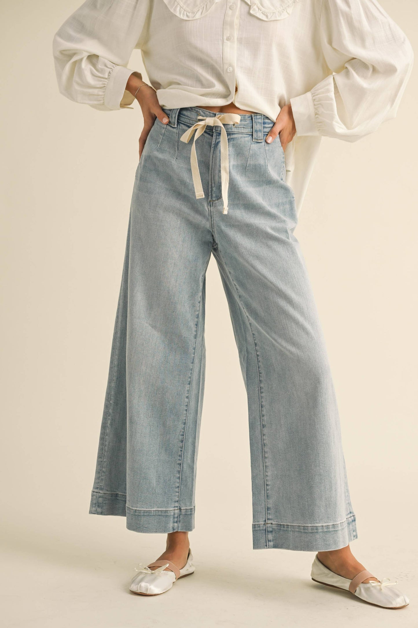 Washed Denim Tie-Front Pants