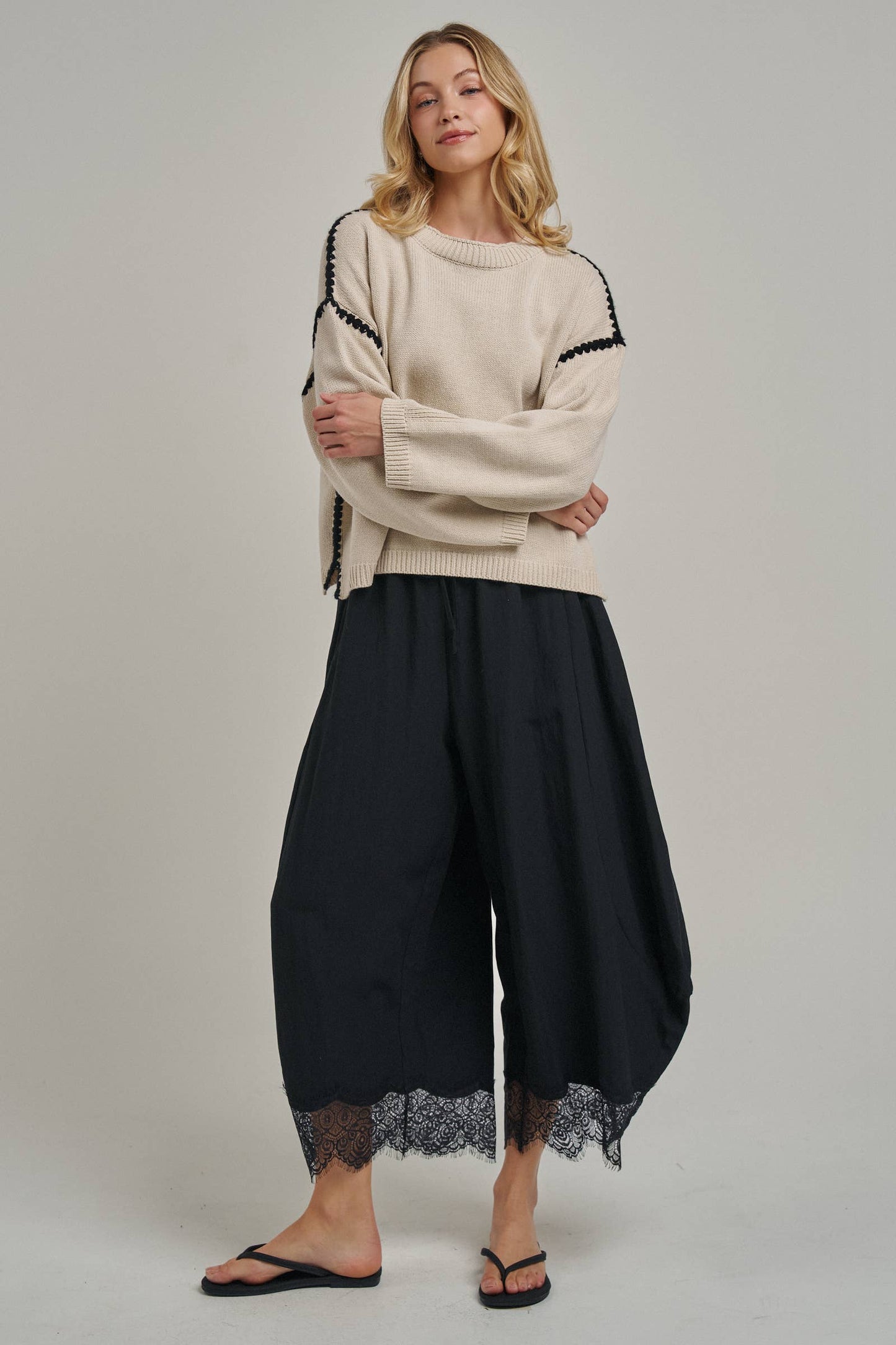 Pull-On Balloon Pants with Lace Trim