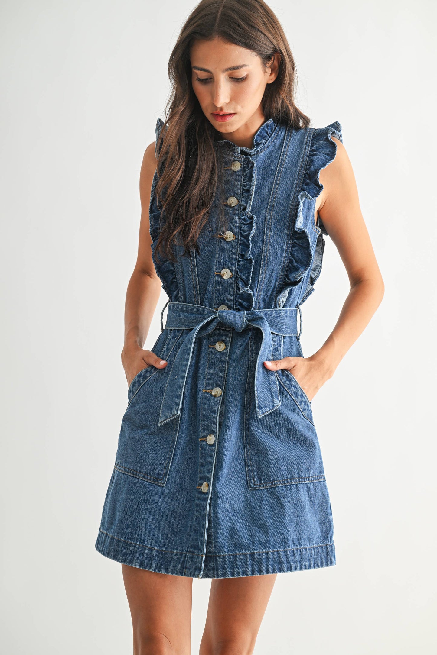 Ruffle Sleeveless Denim Dress