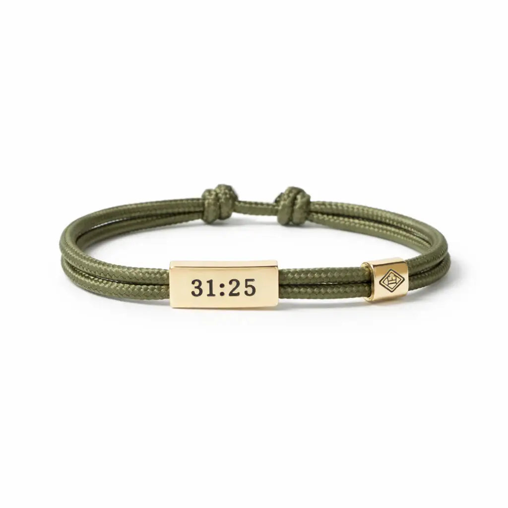 Green braided bracelet with a gold tag displaying '31:25' on a white background
