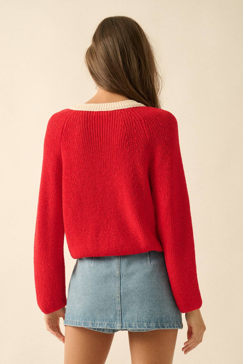 Red Contrast Cardigan Sweater