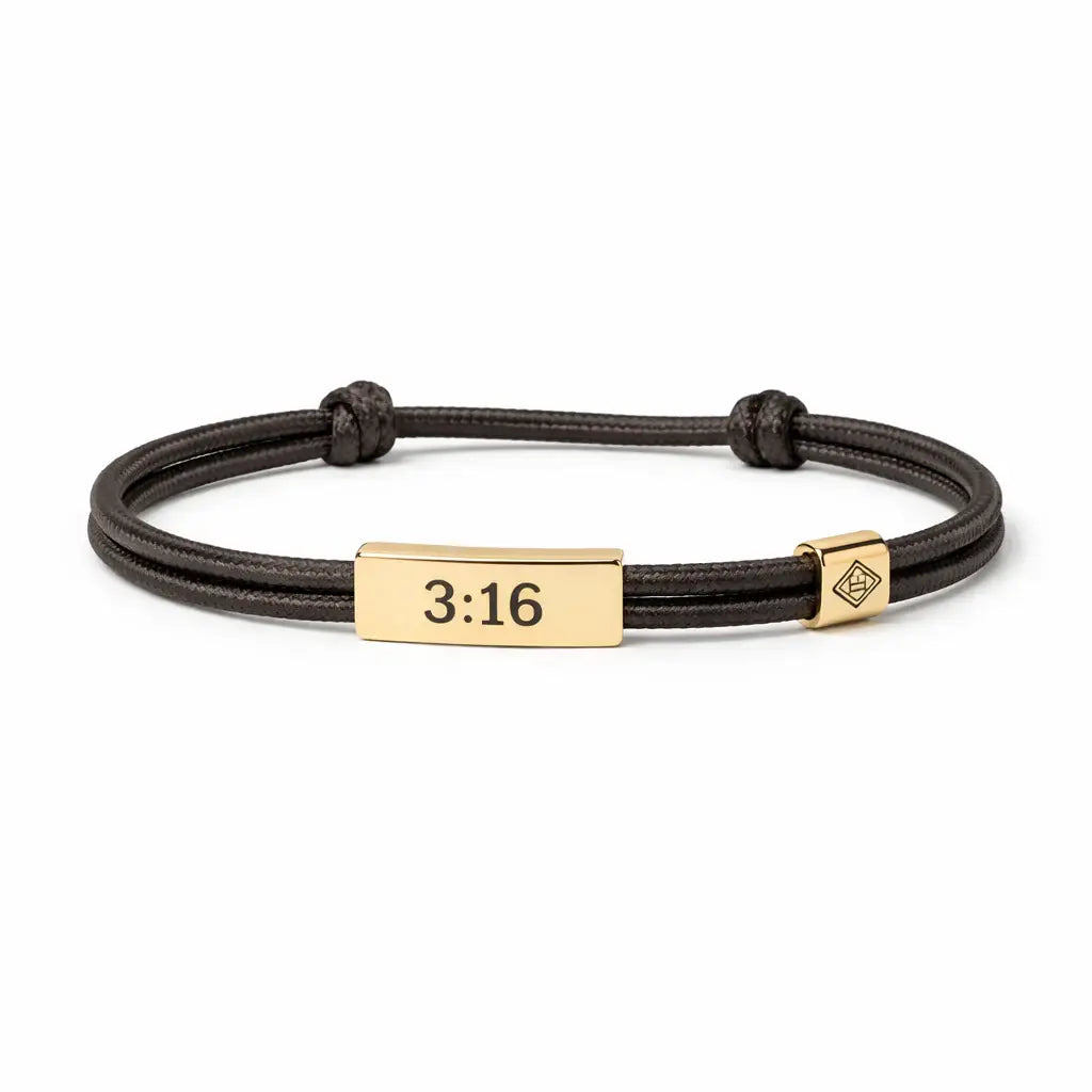 Brown leather bracelet with gold tag displaying '3:16' on a white background