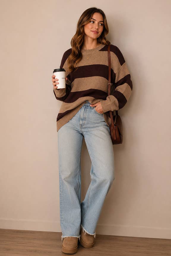 A woman stands against a beige wall wearing a brown and beige horizontally striped knit sweater, light-wash blue jeans, and tan boots, while holding a white coffee cup and carrying a brown shoulder bag.