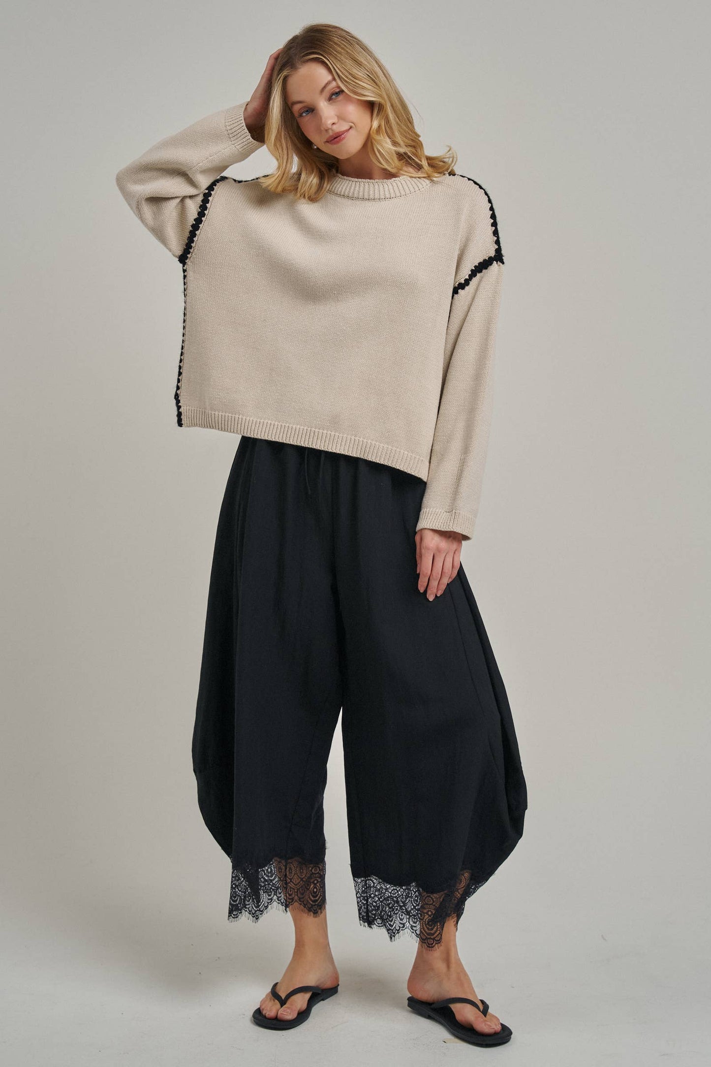 Pull-On Balloon Pants with Lace Trim
