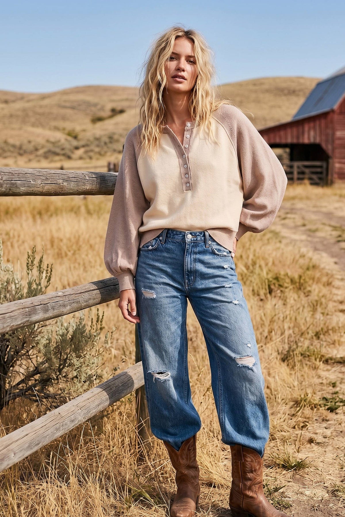 A woman stands outdoors in a rural landscape wearing a beige long-sleeve henley top, blue distressed wide-leg jeans, and brown boots.
