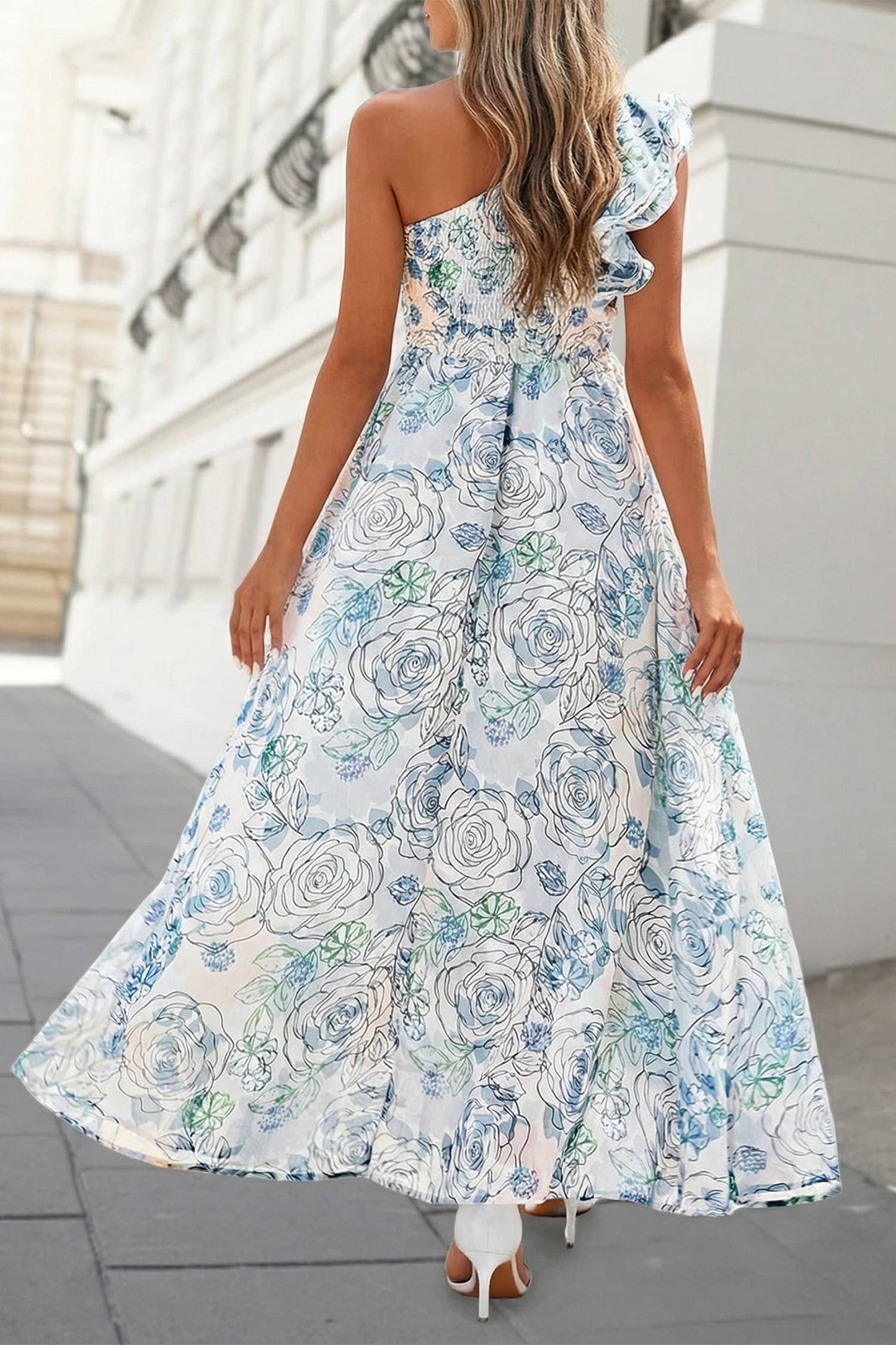 Floral One Shoulder Smocked Maxi Dress