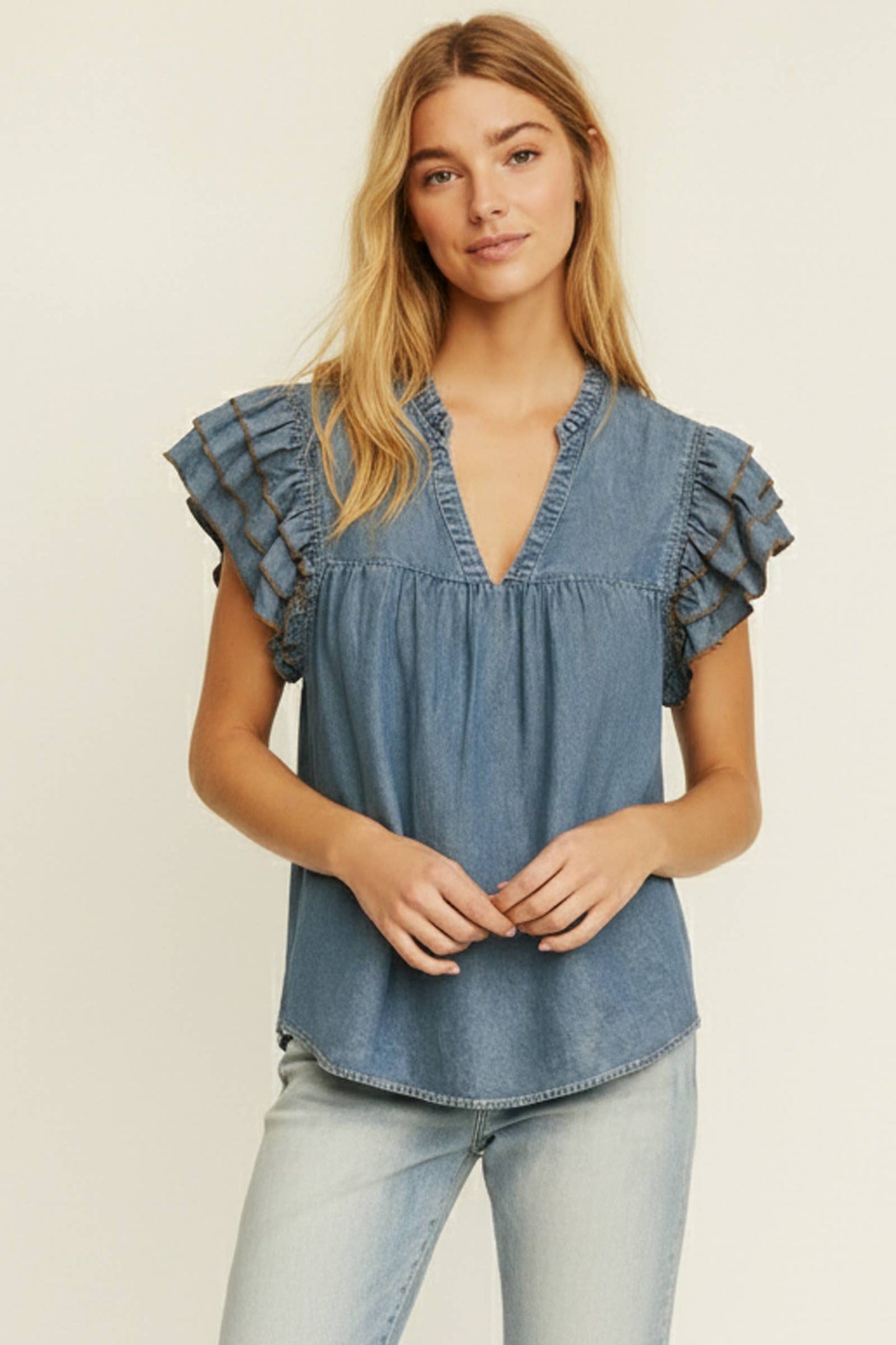 Ruffle Sleeve Mineral Washed Tencel Top