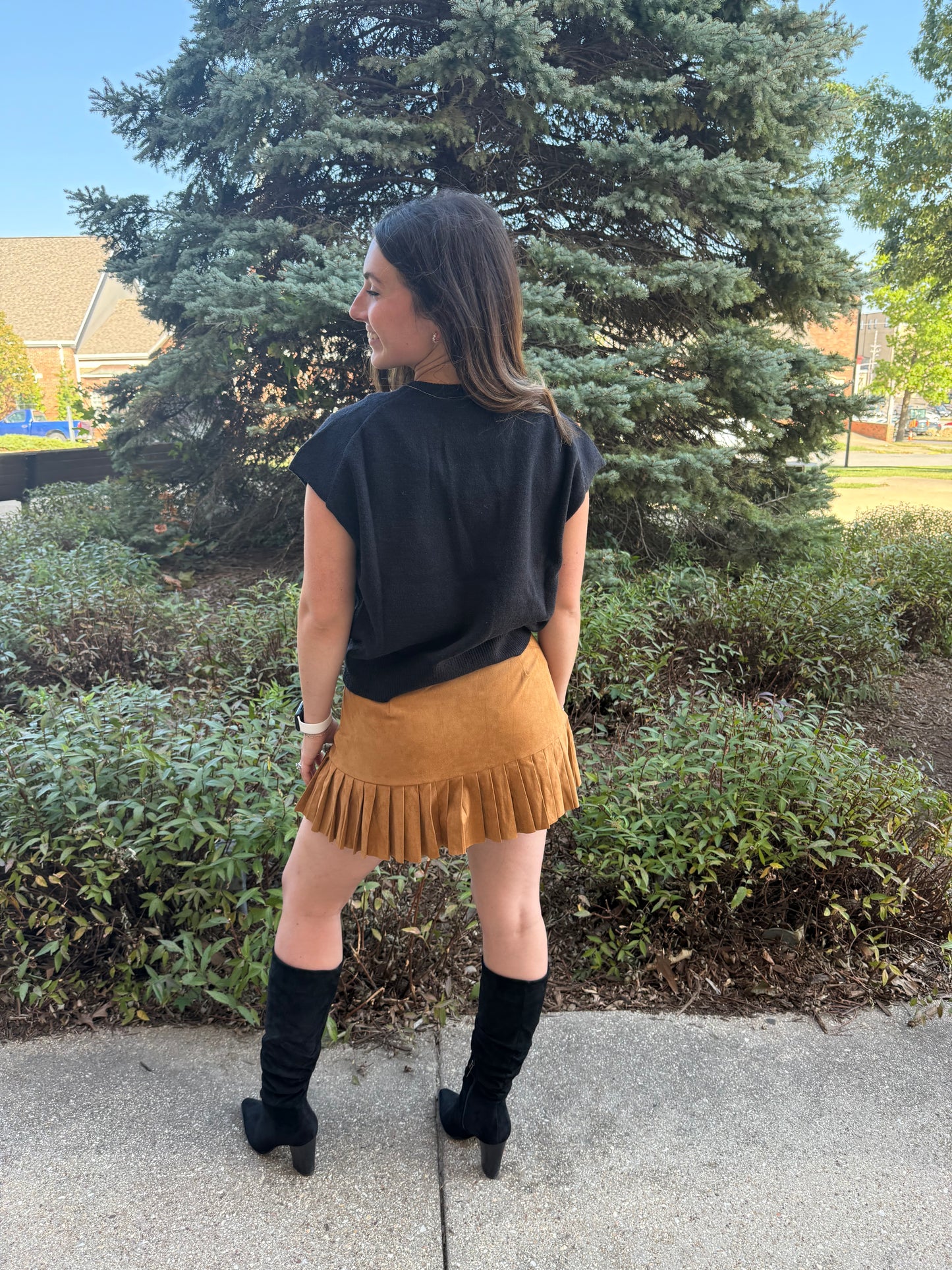 Suede Pleated Tiered Mini Skirt
