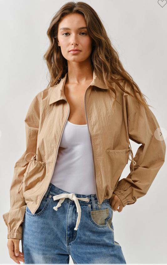 Windbreaker Shirring Ribbon Detail Bomber Jacket