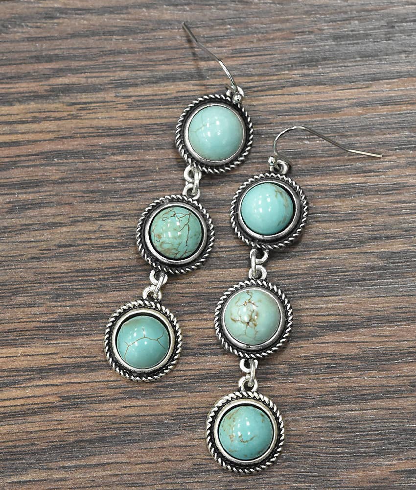 A pair of dangle earrings with oval turquoise-colored stone beads in textured silver bezels, displayed on a dark wood background.