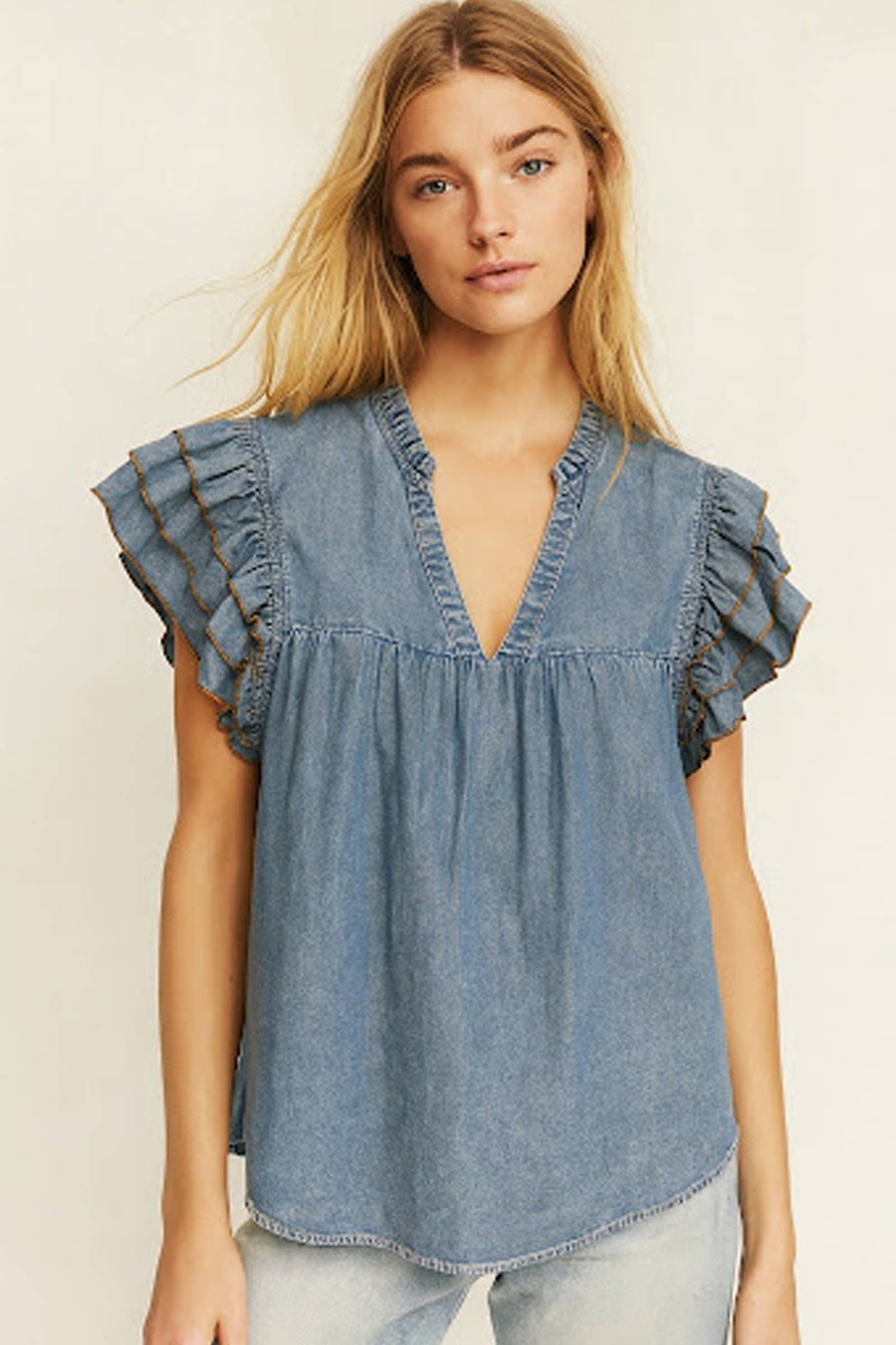 Ruffle Sleeve Mineral Washed Tencel Top