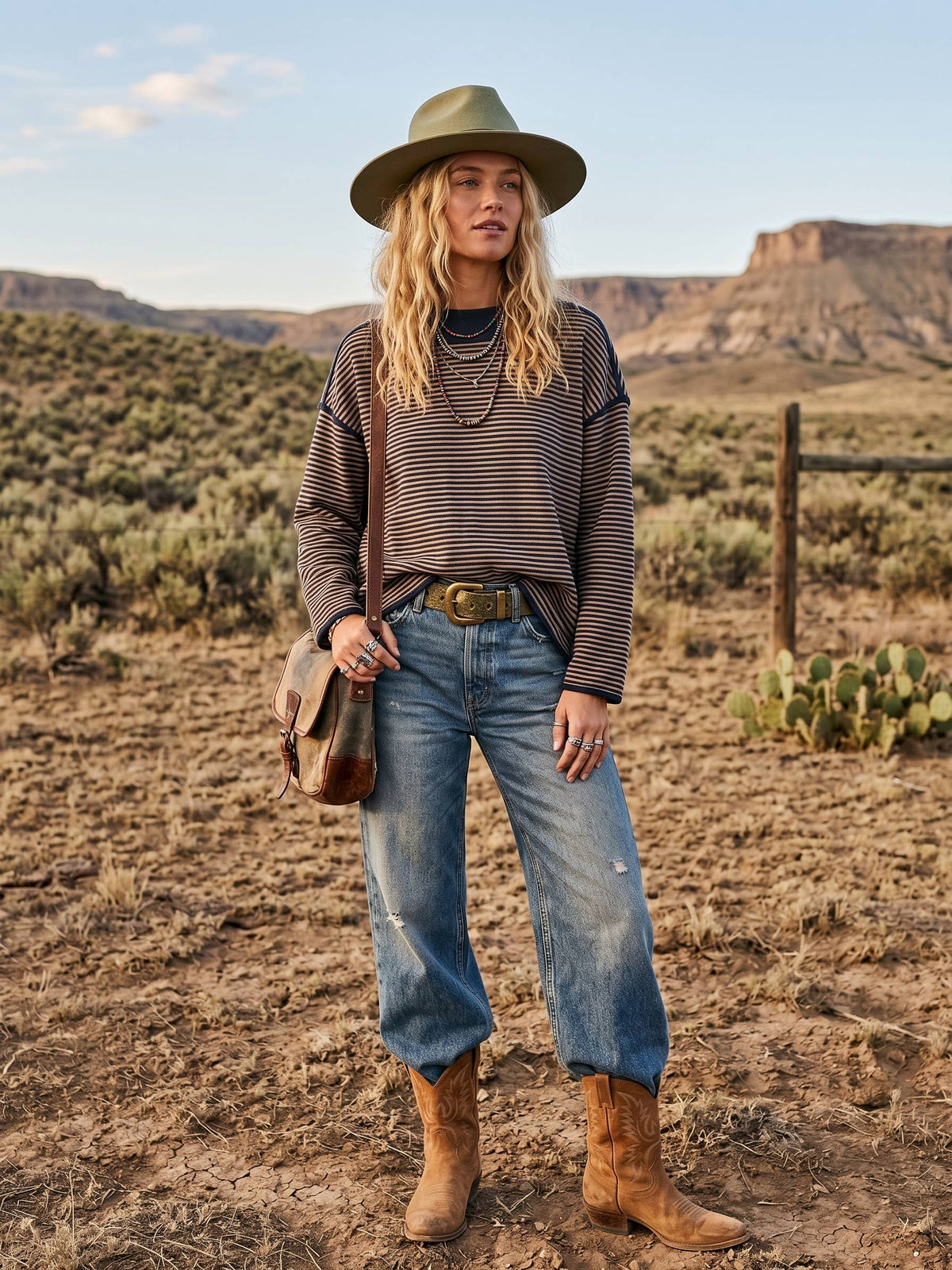 A woman stands in a desert landscape wearing a wide-brim olive hat, a dark striped long-sleeve top, blue wide-leg jeans, tan boots, and carrying a brown shoulder bag.