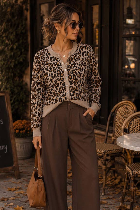 A woman stands outdoors in front of a cafe, wearing a beige and brown leopard print cardigan over a light beige top, paired with high-waisted brown wide-leg trousers and holding a tan leather handbag.
