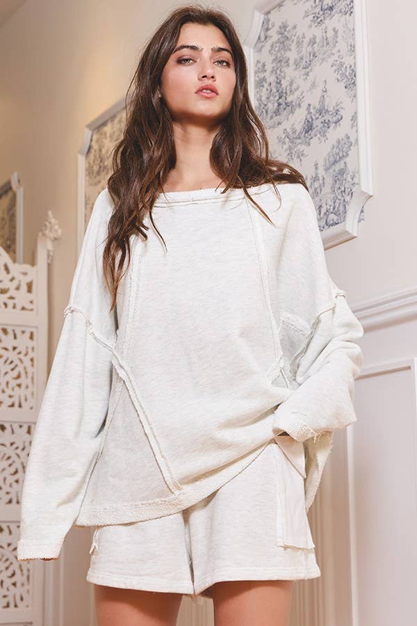 Sunday Slowdown Top in ash grey by Bucketlist, an oversized relaxed-fit top with dropped shoulders, shown from the front"