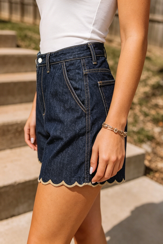 Scalloped Edge Denim Shorts