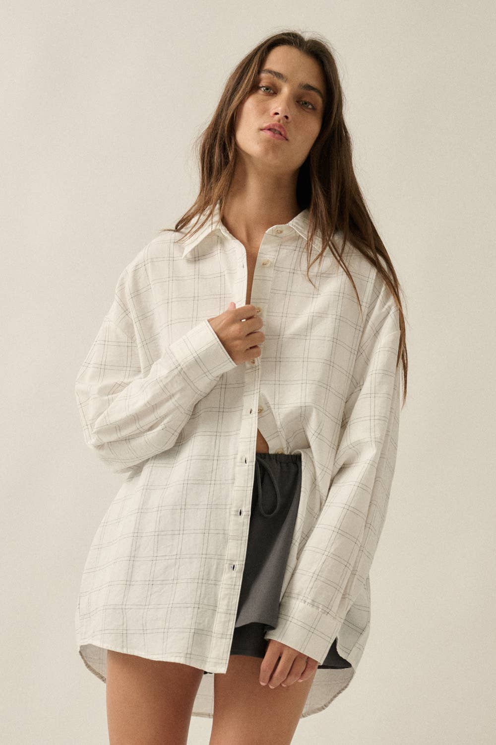 Check Plaid Oversize Long-Sleeve Button-Up Shirt